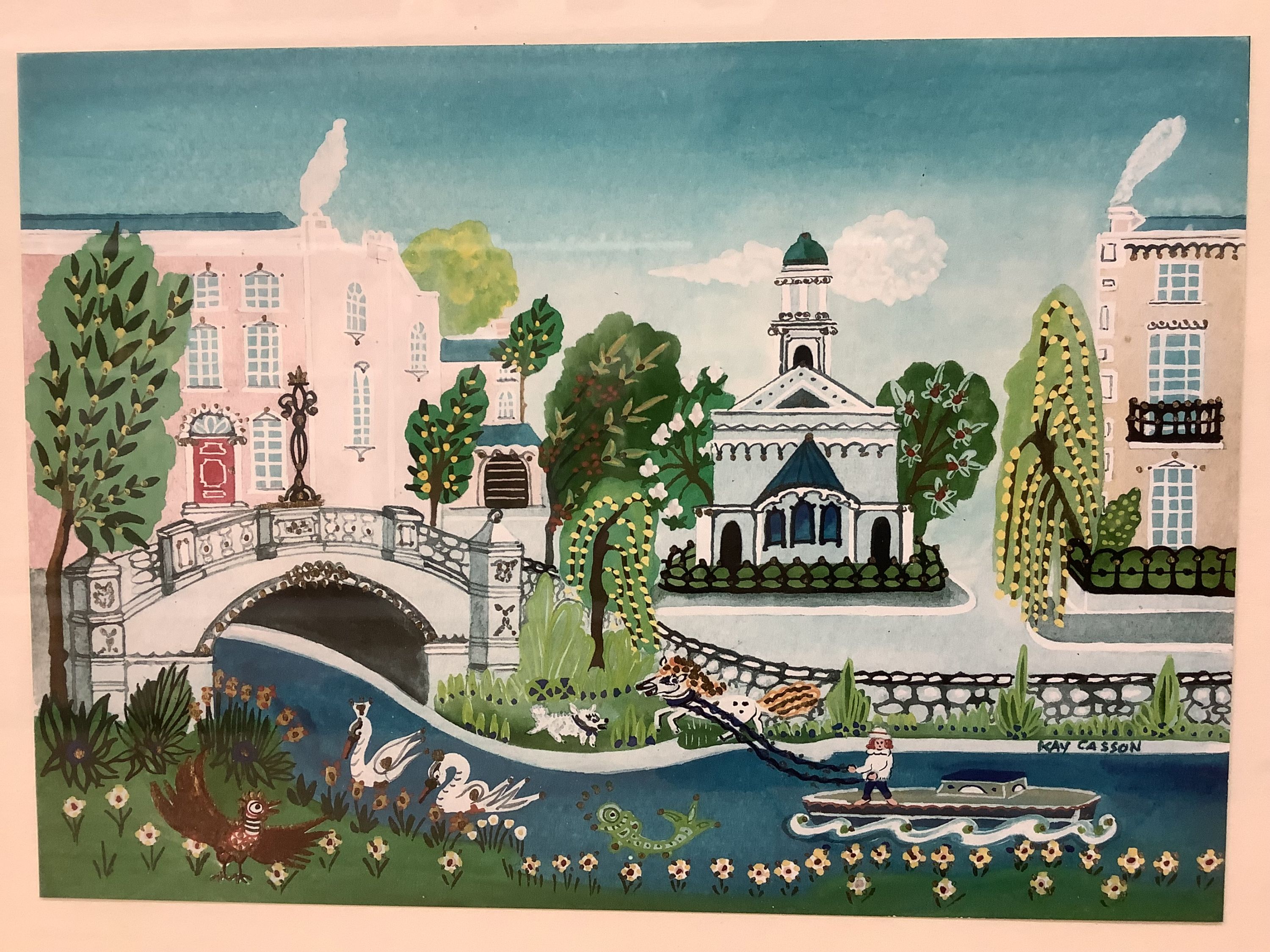 Kay Casson (20th/21st century), gouache, coastal landscape with distant mountains, a bear on a path and other figures and another gouache of Dublin